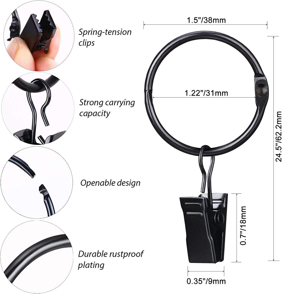 SPLF 36 pack metal curtain rings with clips - detail image 2