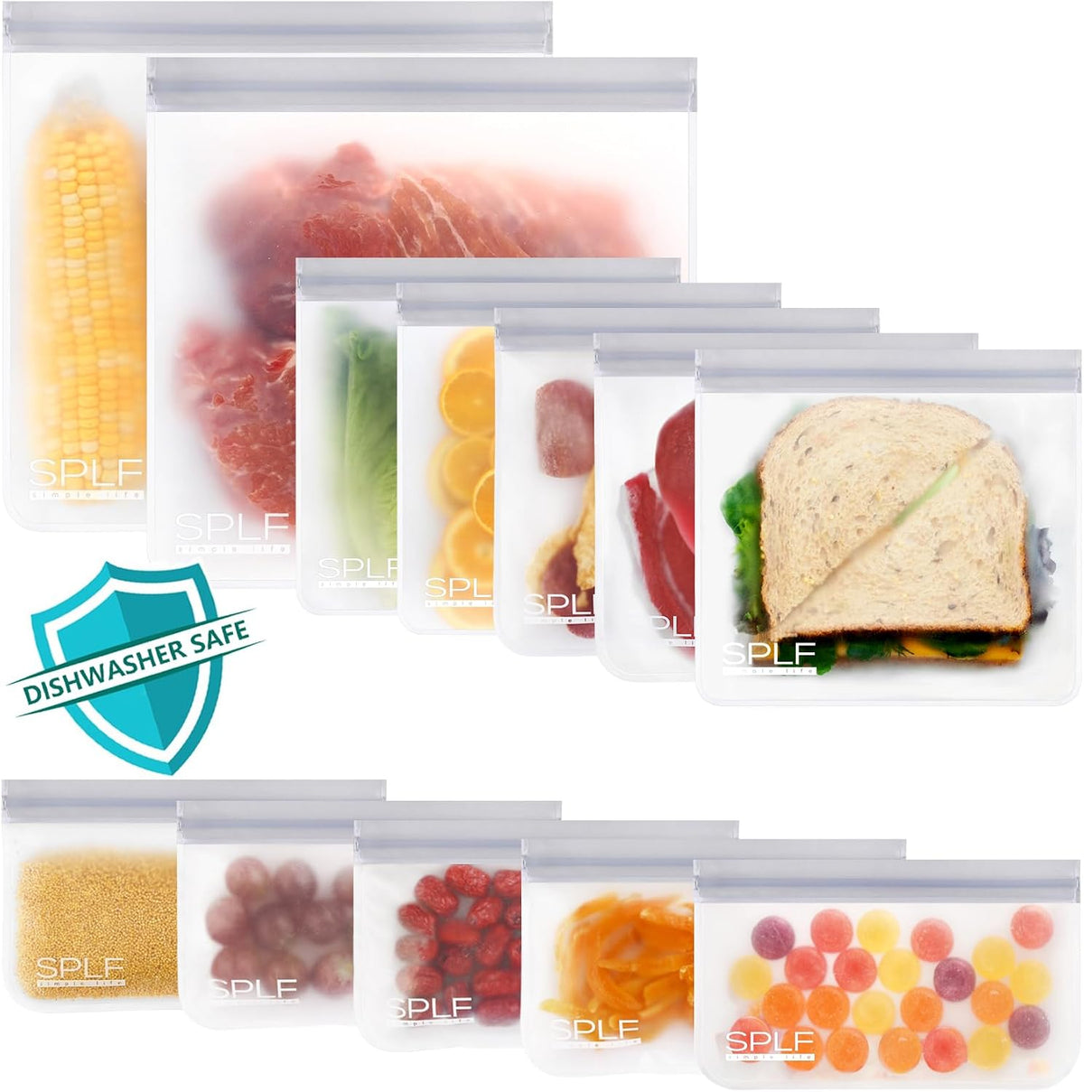 SPLF Reusable PEVA Food Storage Bags - 12 Mixed Bags (2 Gallon + 5 Sandwich + 5 Snack) - Gray