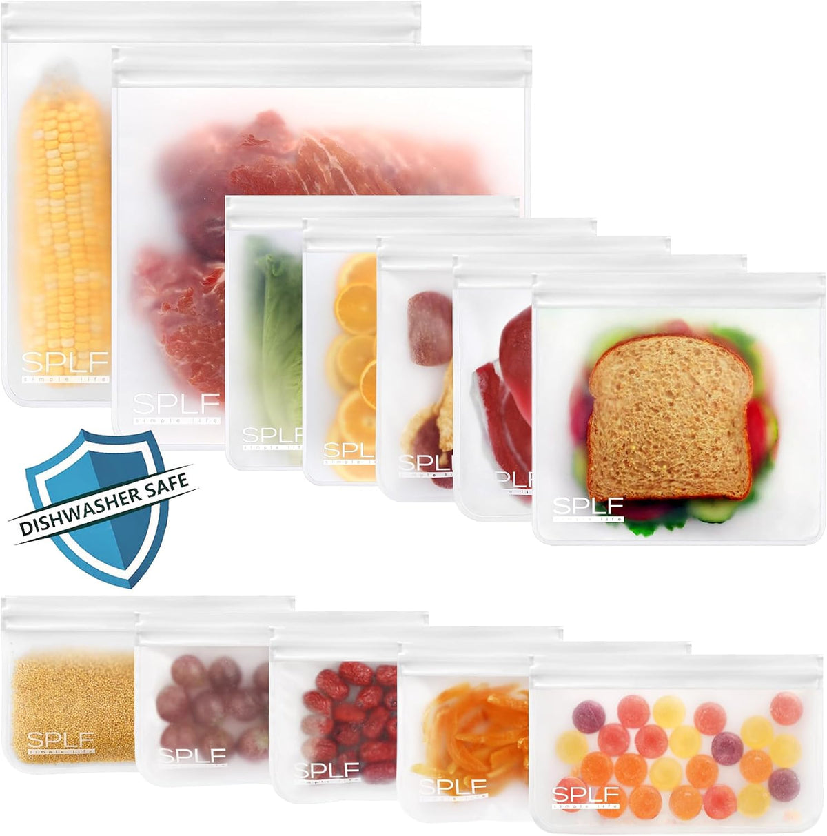 SPLF Reusable PEVA Food Storage Bags - 12 Mixed Bags (2 Gallon + 5 Sandwich + 5 Snack) - White