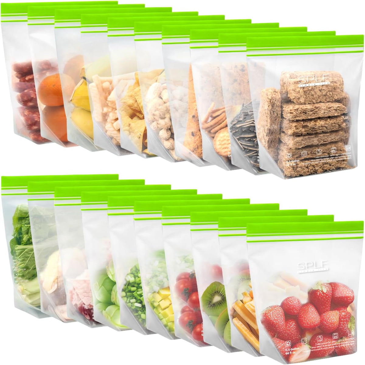 SPLF Reusable PE Stand-Up Food Storage Bags - 20 Half-Gallon Bags (20-Pack)