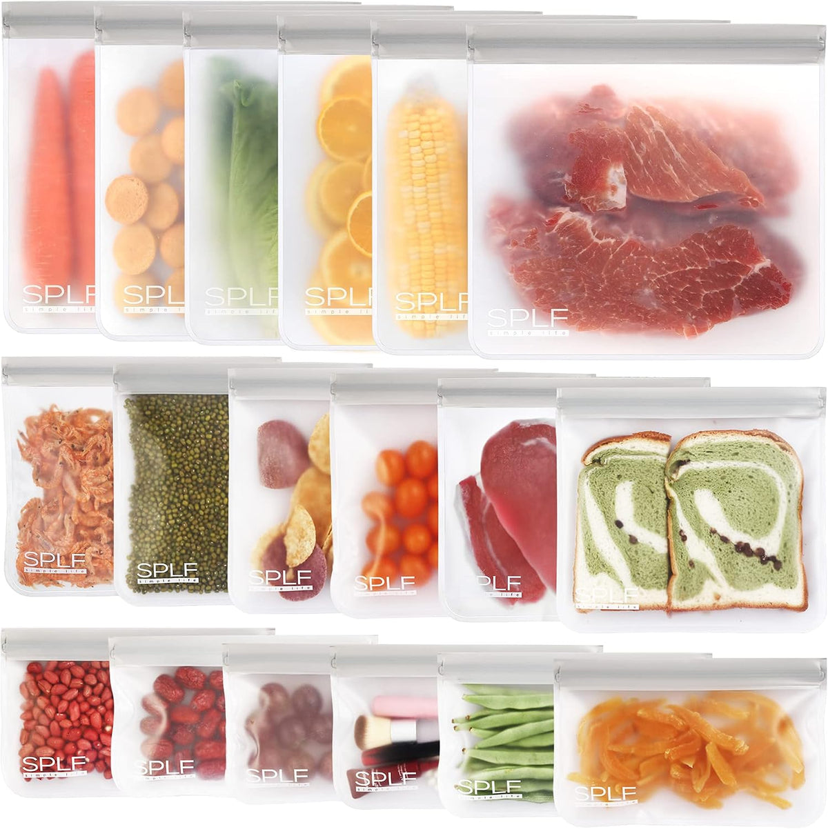 SPLF Reusable PEVA Food Storage Bags - 18 Mixed Bags (6 Gallon + 6 Sandwich + 6 Snack) - Gray