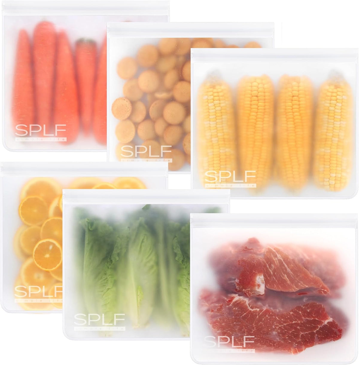 SPLF Reusable PEVA Food Storage Bags - 6 Gallon Bags (6-Pack) - White