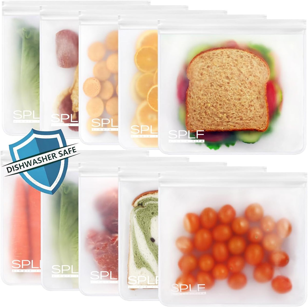 SPLF Reusable PEVA Food Storage Bags - 10 Sandwich Bags (10-Pack) - White
