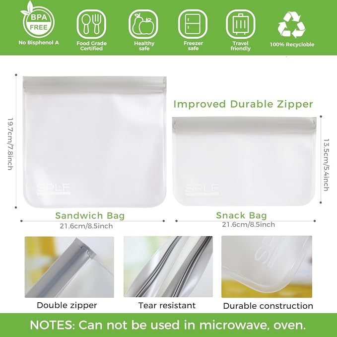 SPLF Reusable PEVA Freezer & Food Storage Bags, Double-Zip