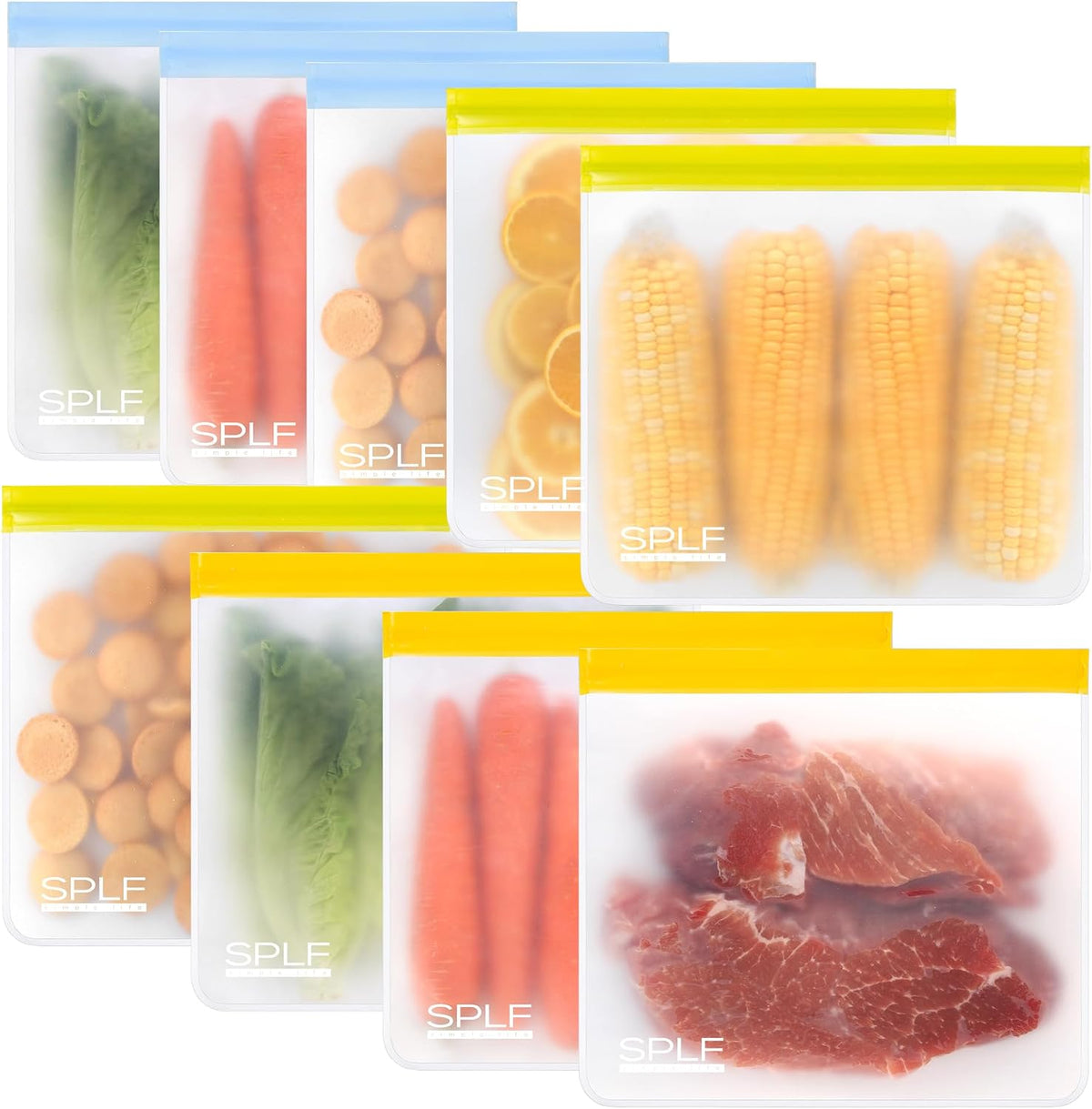 SPLF Reusable PEVA Food Storage Bags - 9 Gallon Bags (9-Pack) - Colorful