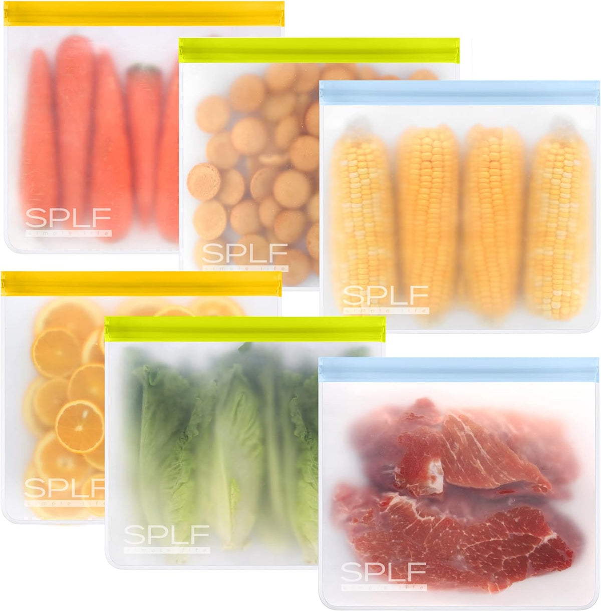 SPLF Reusable PEVA Food Storage Bags - 6 Gallon Bags (6-Pack) - Colorful