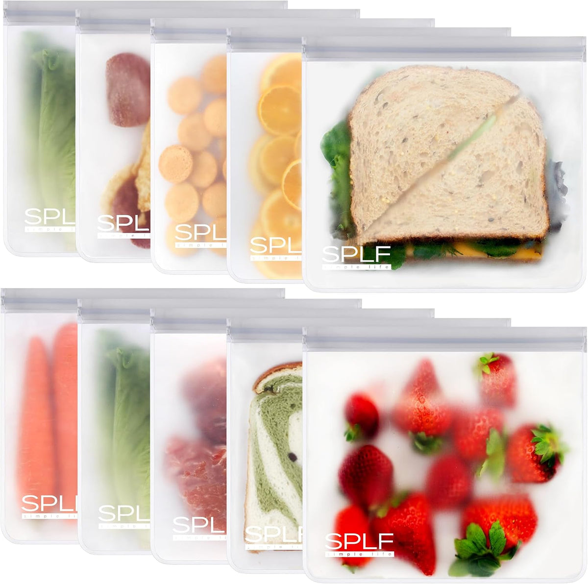 SPLF Reusable PEVA Food Storage Bags - 10 Sandwich Bags (10-Pack) - Gray