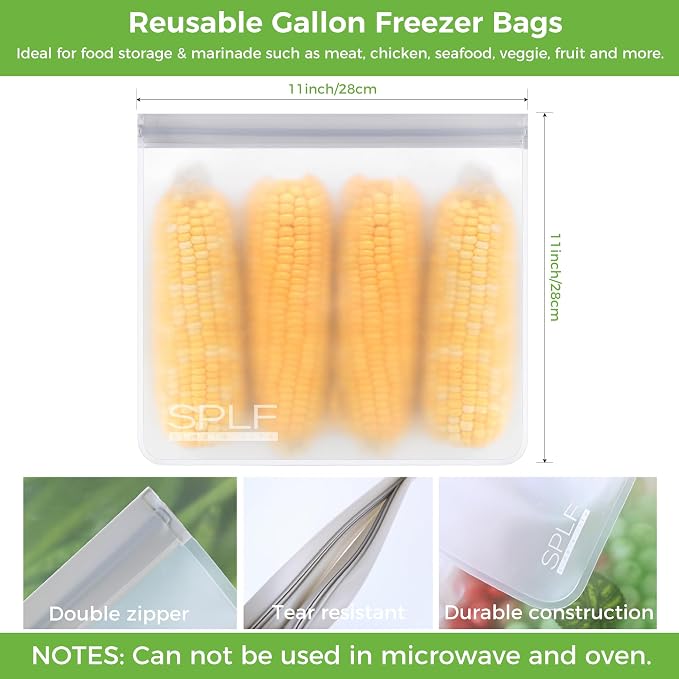 SPLF Reusable PEVA Freezer & Food Storage Bags, Double-Zip