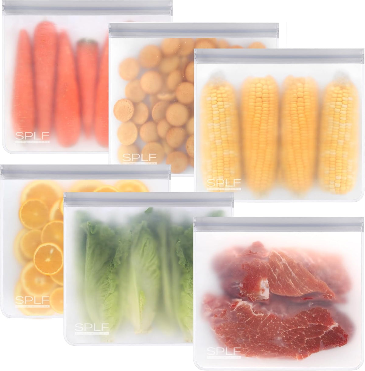 SPLF Reusable PEVA Food Storage Bags - 6 Gallon Bags (6-Pack) - Gray