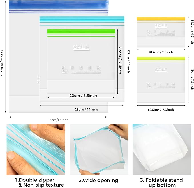 SPLF Reusable PE Stand-Up Food Storage Bags, Freezer Safe