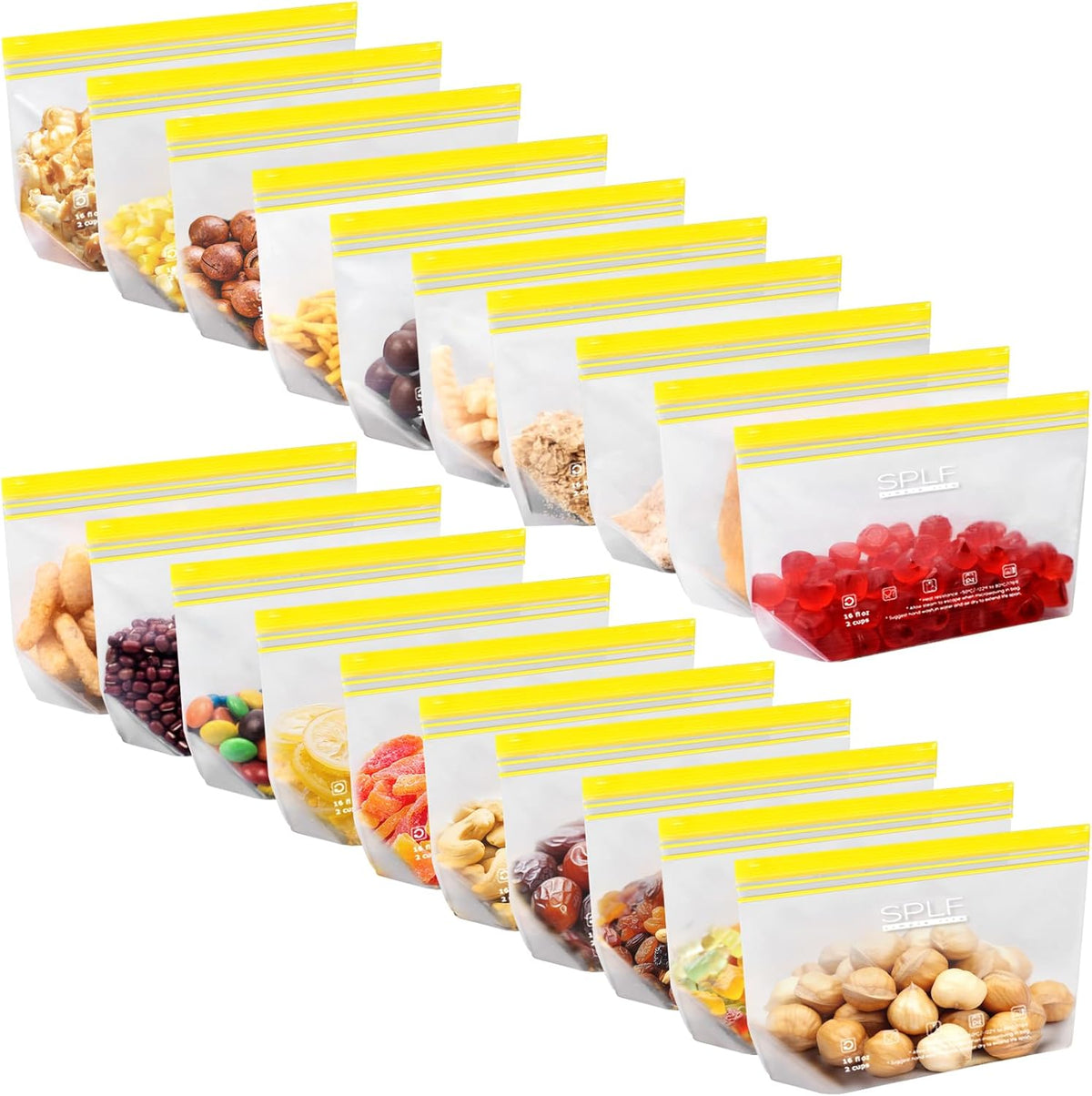 SPLF Reusable PE Stand-Up Food Storage Bags - 20 Snack Bags (20-Pack)