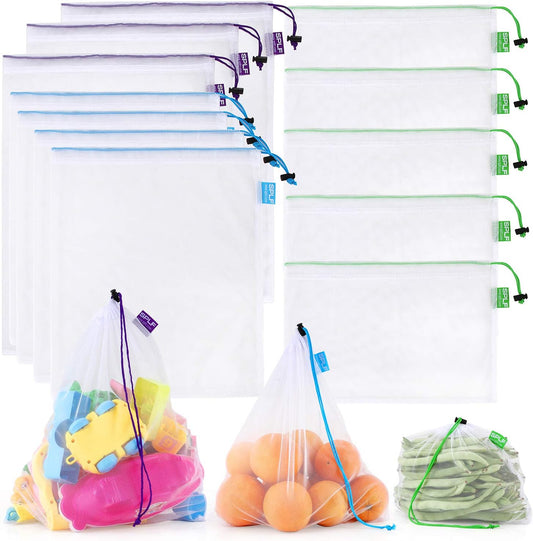 SPLF Reusable Polyester Mesh Produce Bags - 12 Bags (3 Large + 4 Medium + 5 Small)