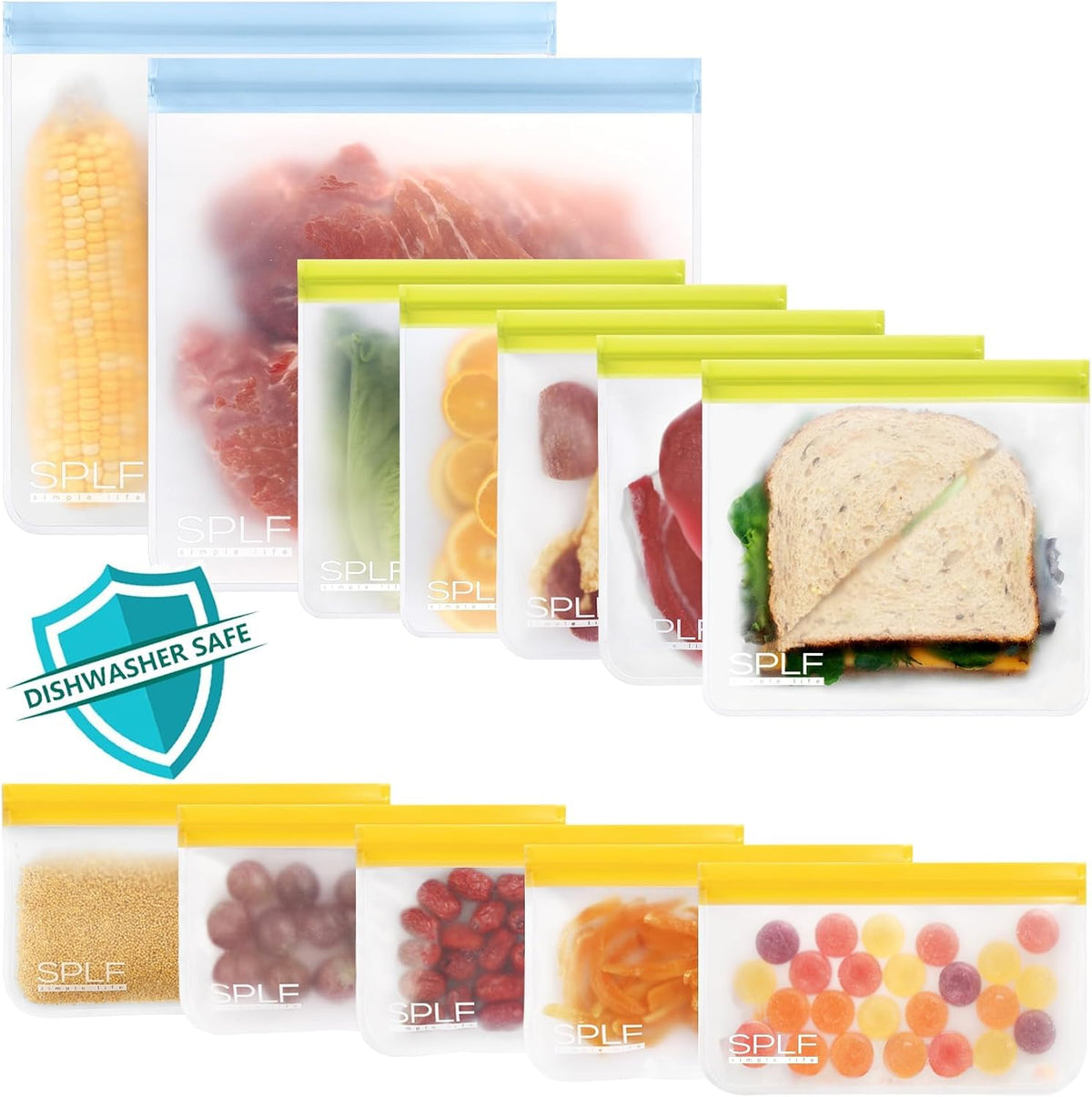 SPLF Reusable PEVA Food Storage Bags - 12 Mixed Bags (2 Gallon + 5 Sandwich + 5 Snack) - Colorful
