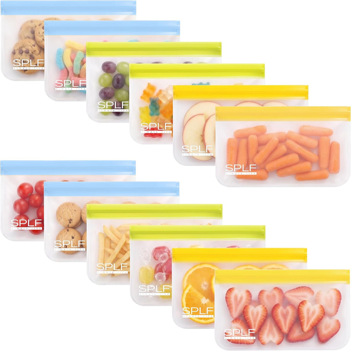 SPLF Reusable PEVA Food Storage Bags - 12 Snack Bags (12-Pack) - Colorful