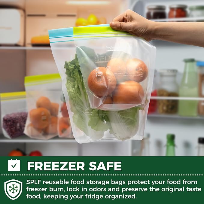 SPLF Reusable PE Stand-Up Food Storage Bags, Freezer Safe