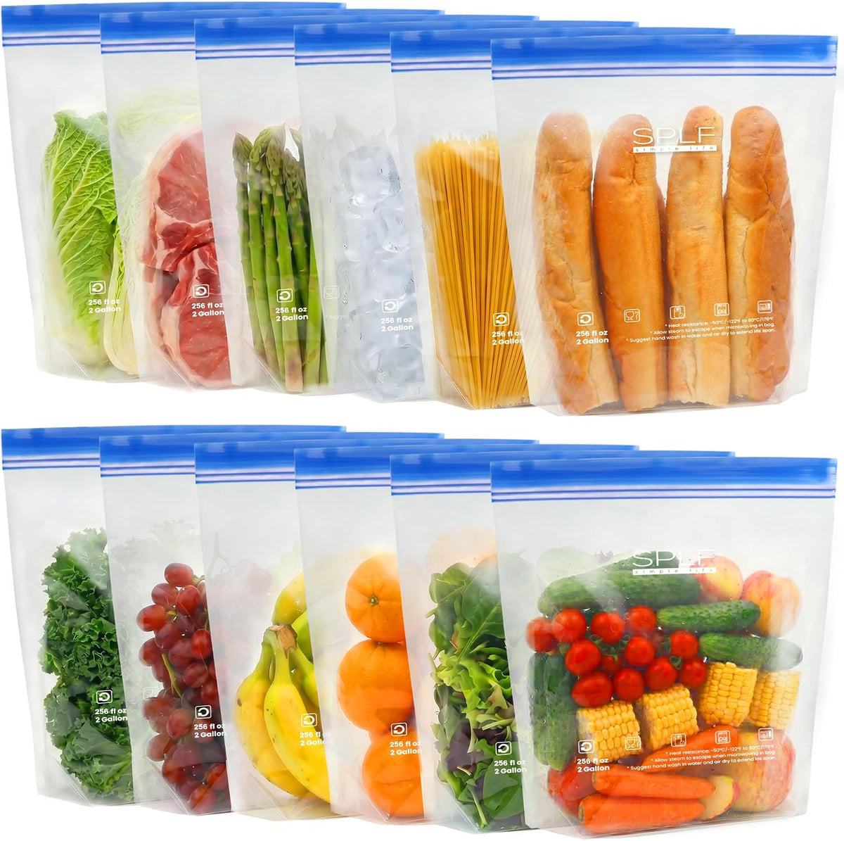 SPLF Reusable PE Stand-Up Food Storage Bags - 12 Two-Gallon Bags (12-Pack)