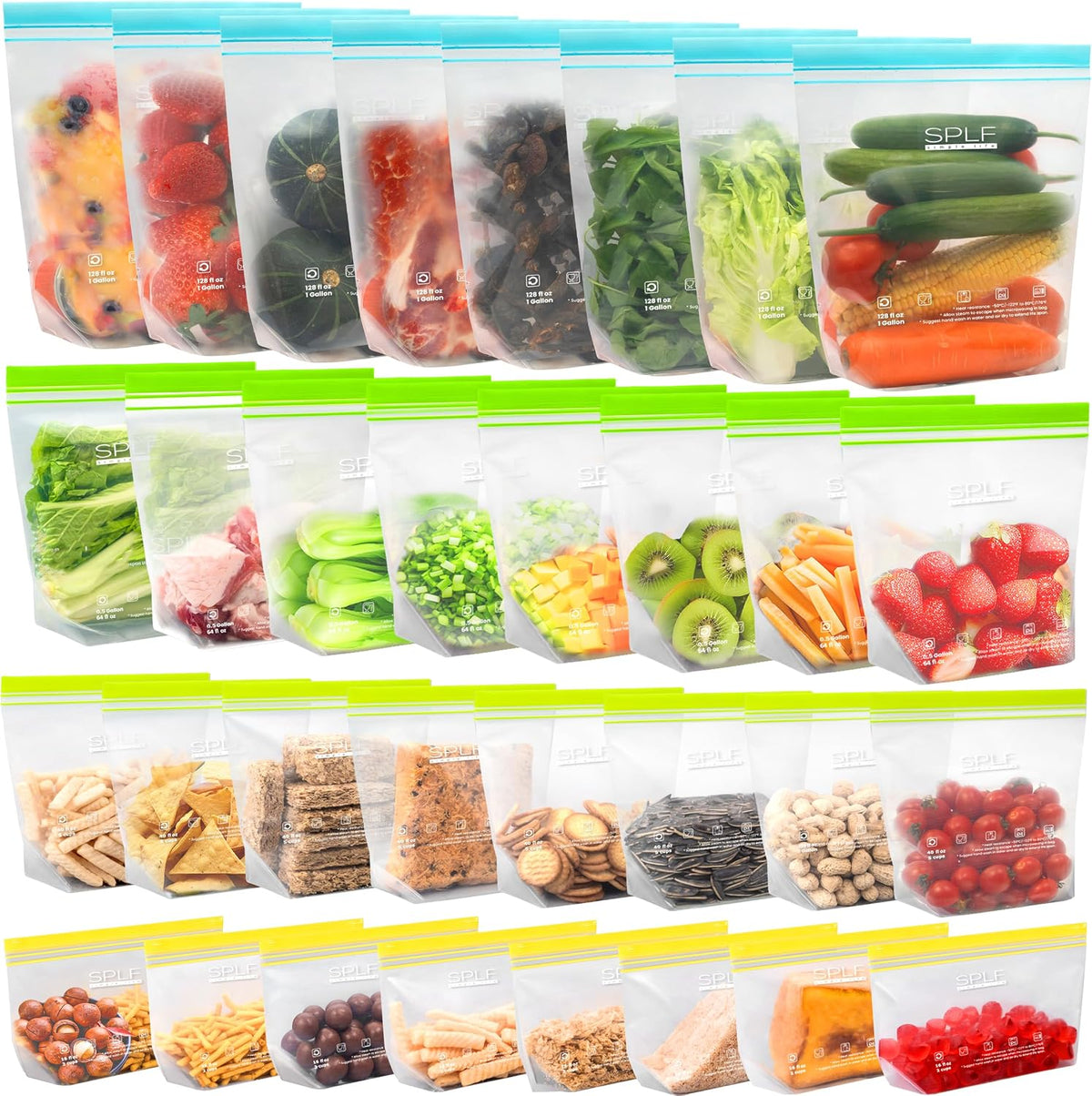 SPLF Reusable PE Stand-Up Food Storage Bags - 32 Mixed Bags (8 Each of 4 Sizes)